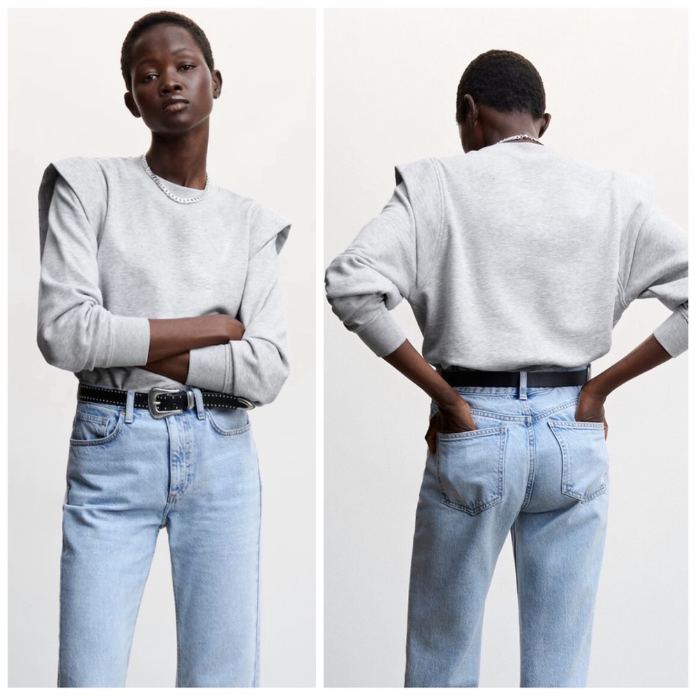 •MANGO• Quilted Shoulder Crewneck Long Sleeve Pullover‎ Sweatshirt Gray Size M